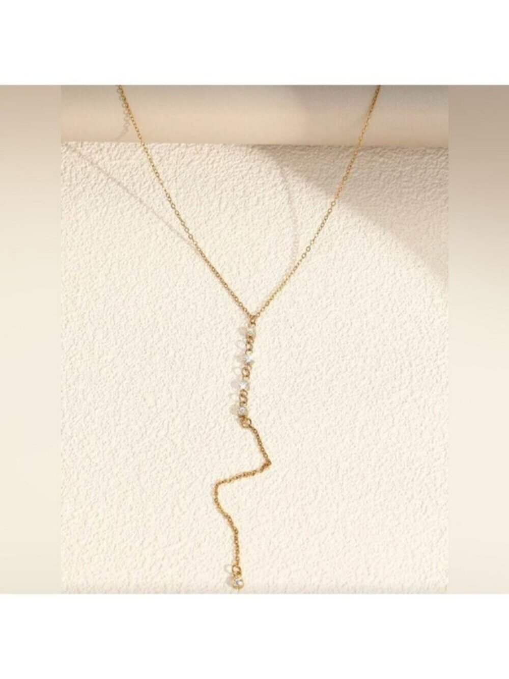 Gold Plated Stainless Steel Cubic Zirconia Lariat Drop Necklace - Picture 2 of 2